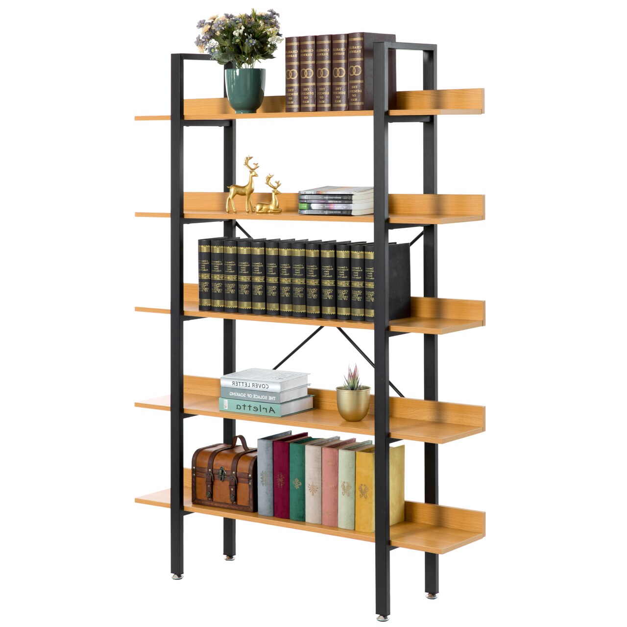 Industrial Wood and Metal Etagere Rustic Bookcase Free Standing Bookshelf
